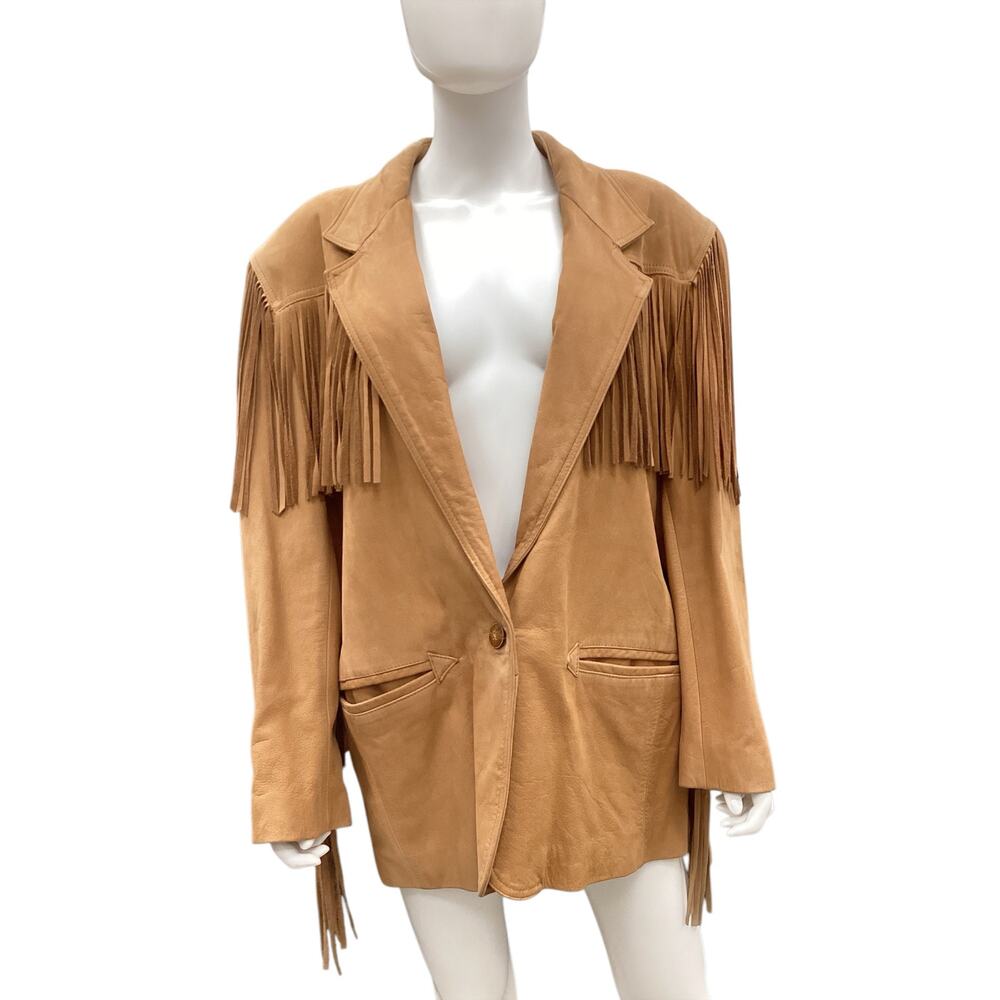 VTG La Nouvelle Renaissance Women’s Leather Jacket Size L Fringes Camel Color - Picture 3 of 8